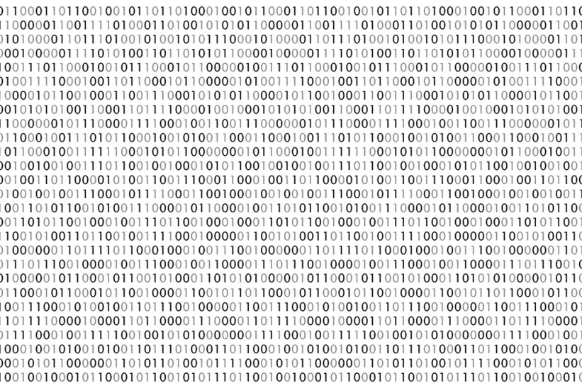 Binary code pattern with rows of 1s and 0s on a white background.