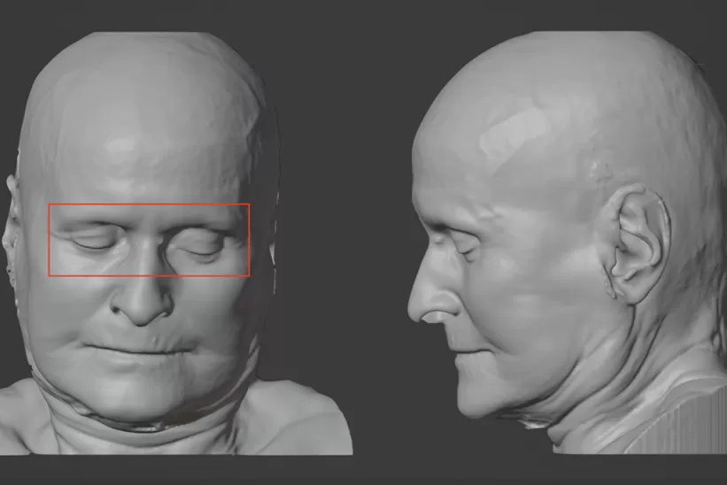 Digital 3D bust of a human head shown in front and profile views, with a red rectangle highlighting the eye area.