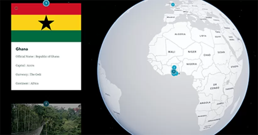 image of ghana, along with ghana's flag in red, yellow, and green stripes with a black star in the middle. There is a gray world globe on the right with a pinpoint of Ghana's location