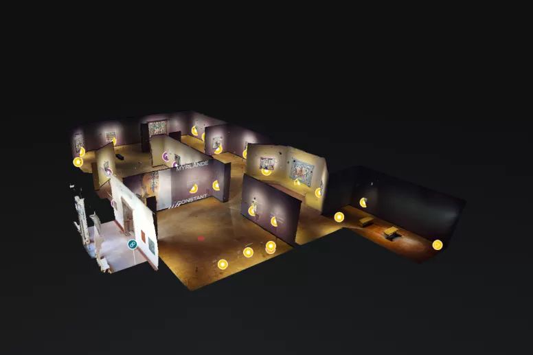 3D model of an art gallery with multiple rooms displaying framed artworks and interactive icons.