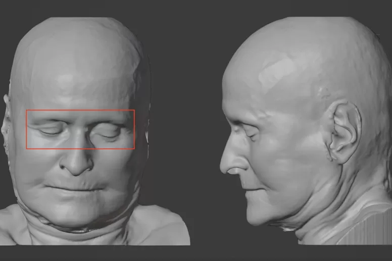 Digital 3D bust of a human head shown in front and profile views, with a red rectangle highlighting the eye area.