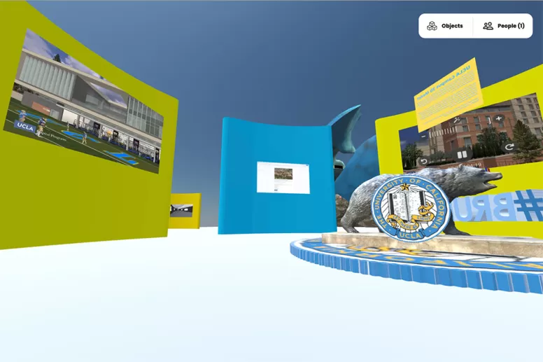 The Bruinverse VR environment showing the bruin mascot and virtual screens that display video
