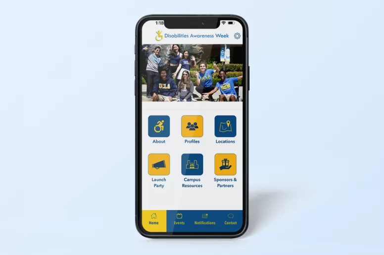 A smart phone screen displaying an app for Digital Accessibility Week at UCLA