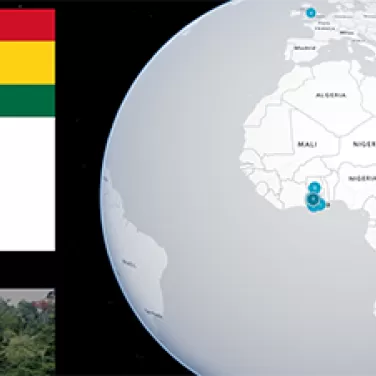 image of ghana, along with ghana's flag in red, yellow, and green stripes with a black star in the middle. There is a gray world globe on the right with a pinpoint of Ghana's location