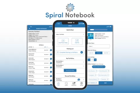 Graphic showing various screen views in the Spiral Notebook mobile application.