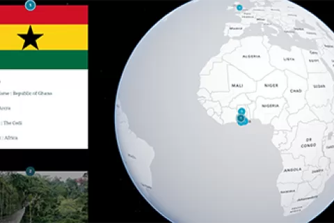 image of ghana, along with ghana's flag in red, yellow, and green stripes with a black star in the middle. There is a gray world globe on the right with a pinpoint of Ghana's location